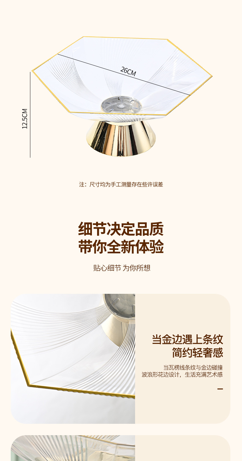 8553家用带底托果蔬盘透明六角型果盘时尚烫金边网红高颜值糖果盘批发详情9