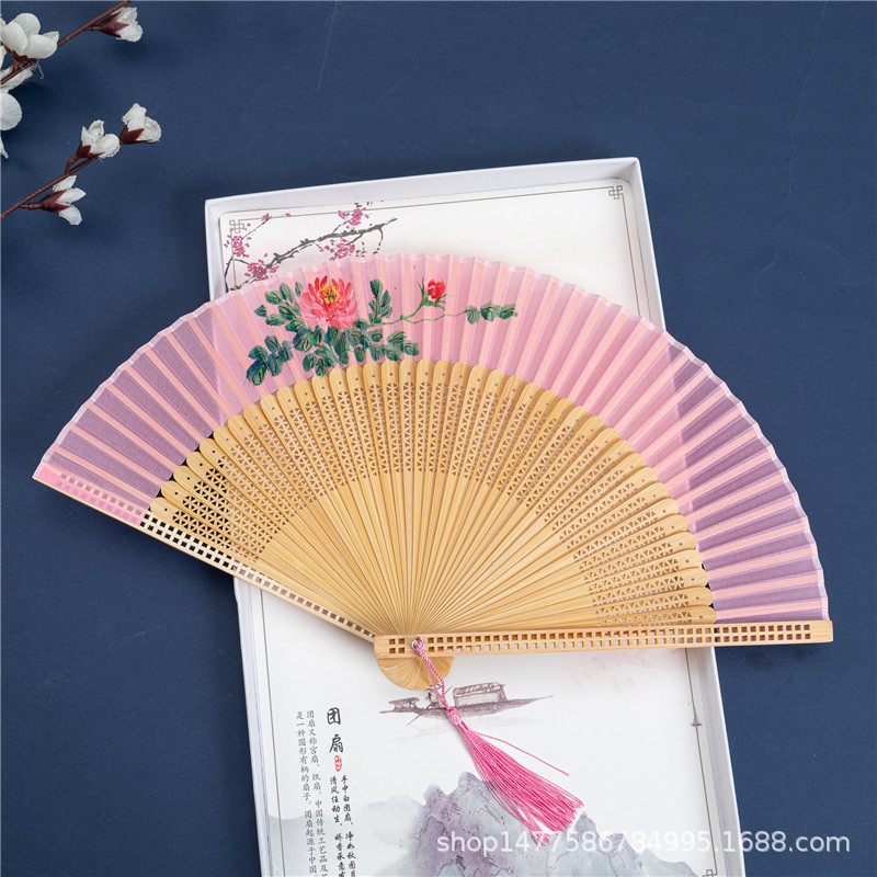 手绘牡丹雪纺扇子折扇中国风方块镂空边竹扇和风夏季日用折叠扇子详情8