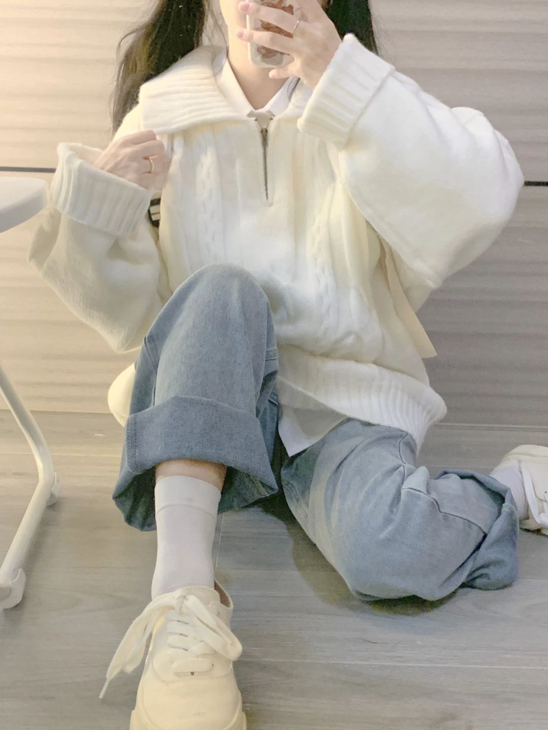 polo领白色毛衣女春秋季2024新款小个子日系慵懒风复古厚外套详情2