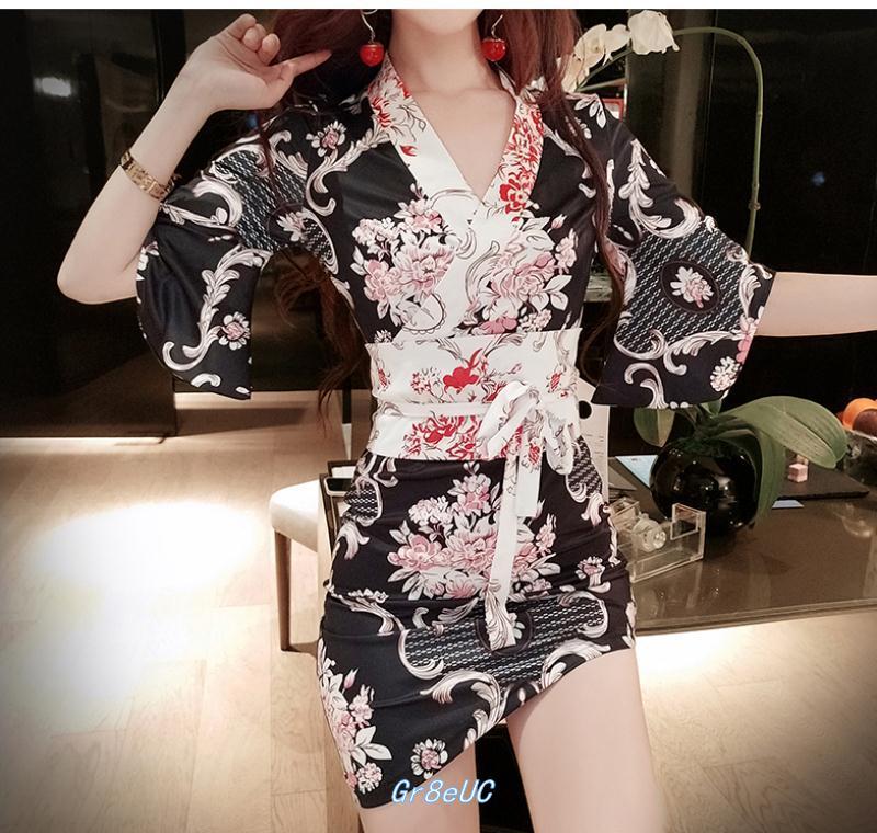 格格家 夏季新款夜店女装性感V领收腰复古包臀裙花色一步裙连衣裙详情28