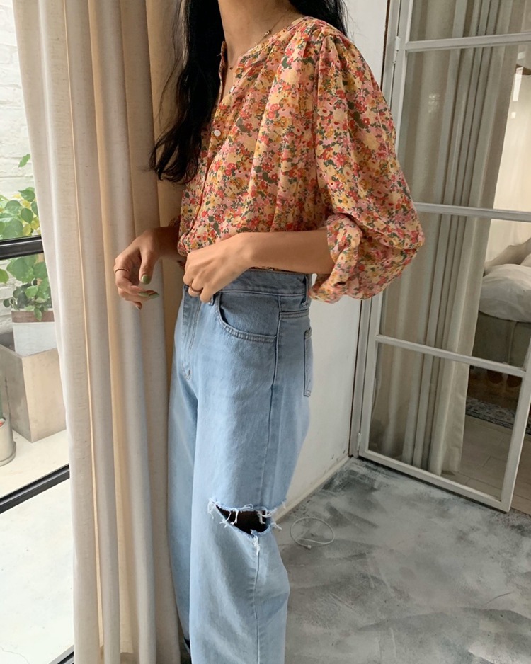 女装 ins长袖碎花雪纺衬衫女2021新款春季韩版宽松休闲单排扣上衣详情9