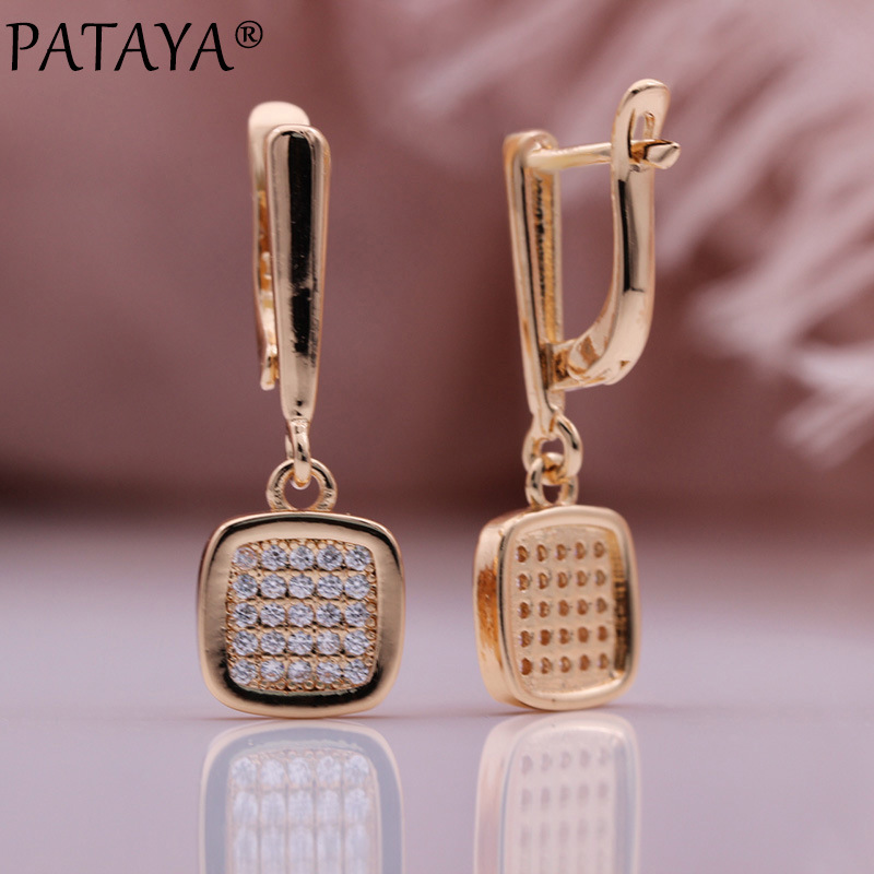 PATAYA585 rose gold true gold color-preserving electroplated earrings, cross-border direct supply to Amazon earrings, square natural zircon set earrings pic 3