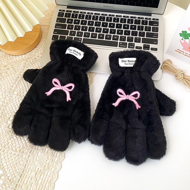 五指蝴蝶结手套女冬天加绒加厚保暖可爱分指冬季学生骑车开车围巾详情6