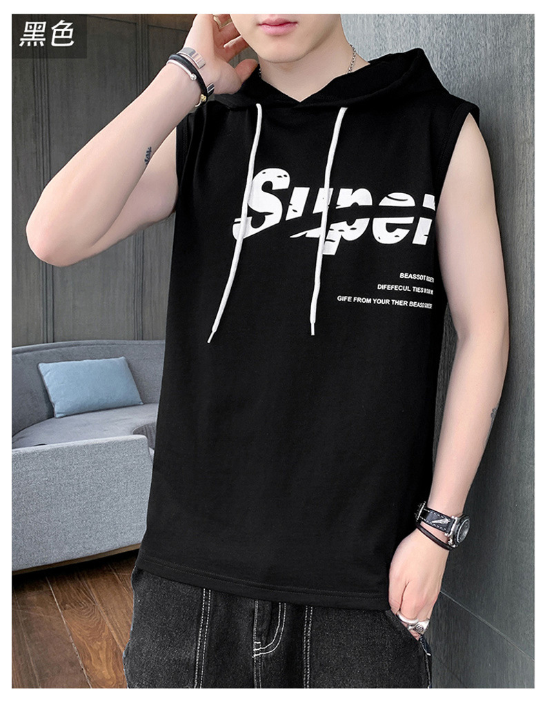 【一件代发】2023夏季新款男士连帽无袖背心韩版纯棉经典百搭坎肩详情10