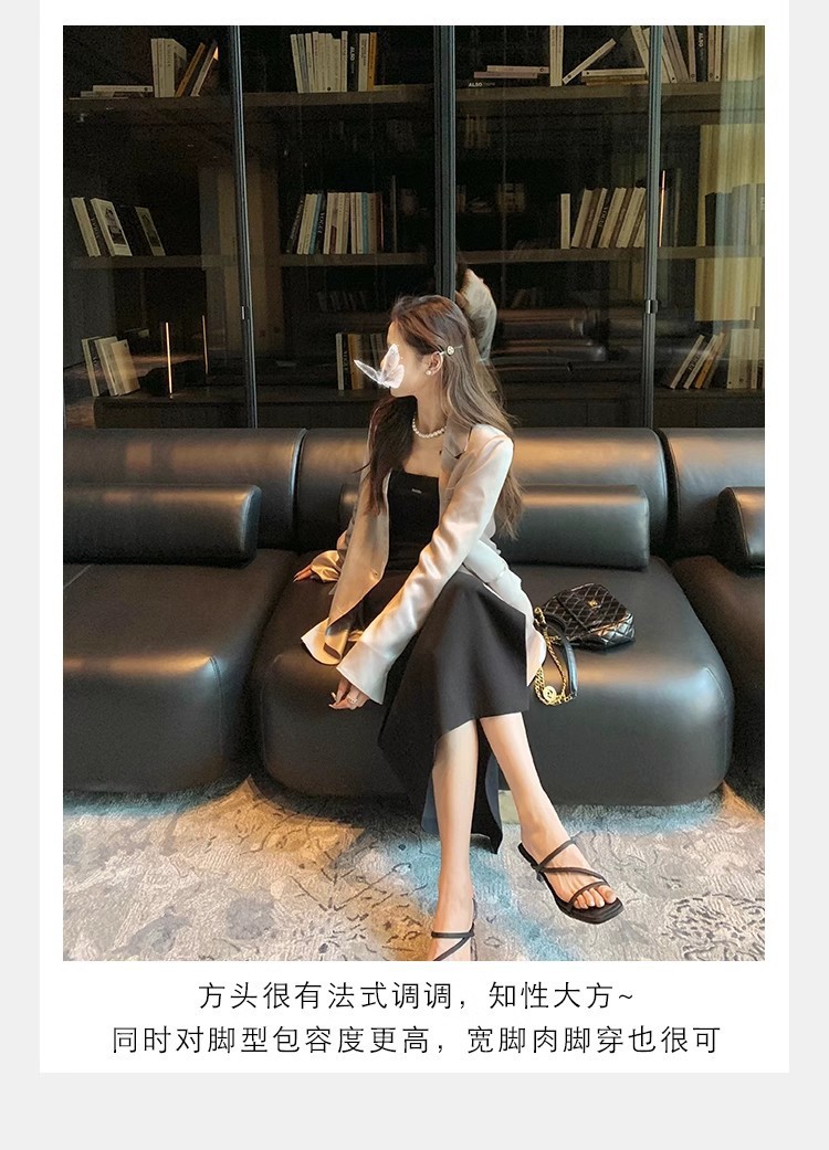 羊皮版法式细带方头显瘦高跟凉拖鞋女夏新款仙女风露趾罗马凉鞋女详情12