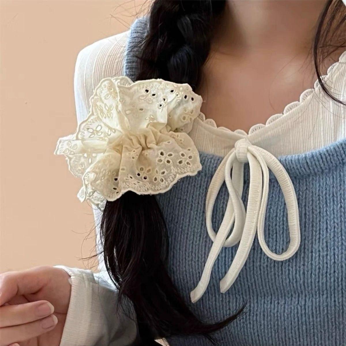 芭蕾风奶蓝格子重工烫钻蕾丝花边韩版大肠发圈可爱奶油甜妹发绳女详情3