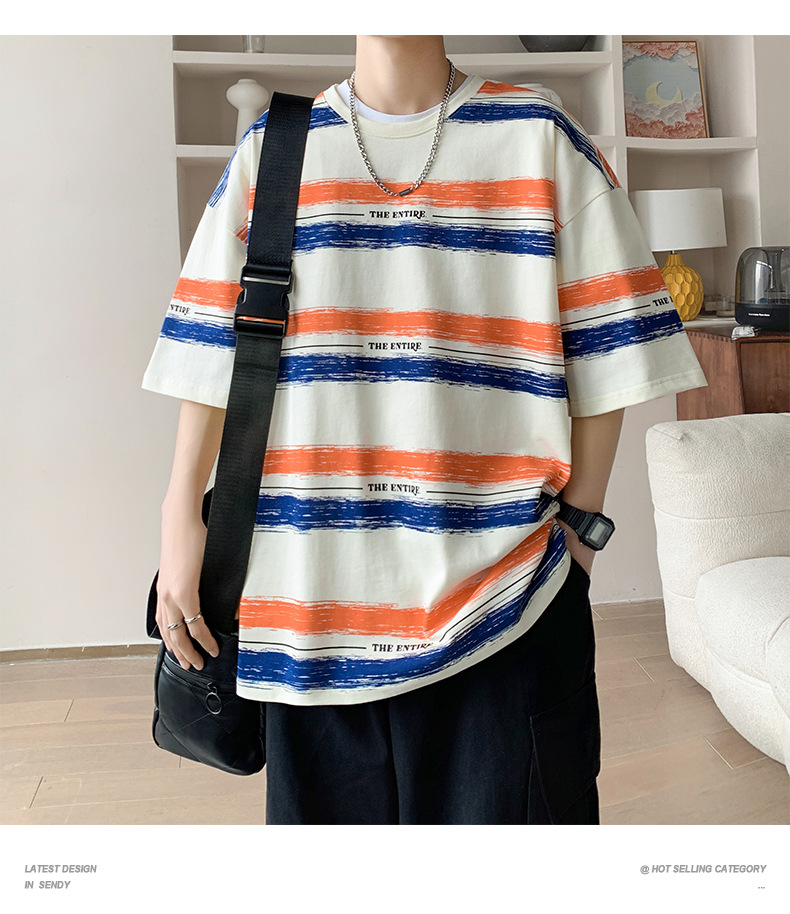 全棉条纹短袖T恤男2024港风青少年百搭宽松五分袖纯棉体恤衣服潮详情19