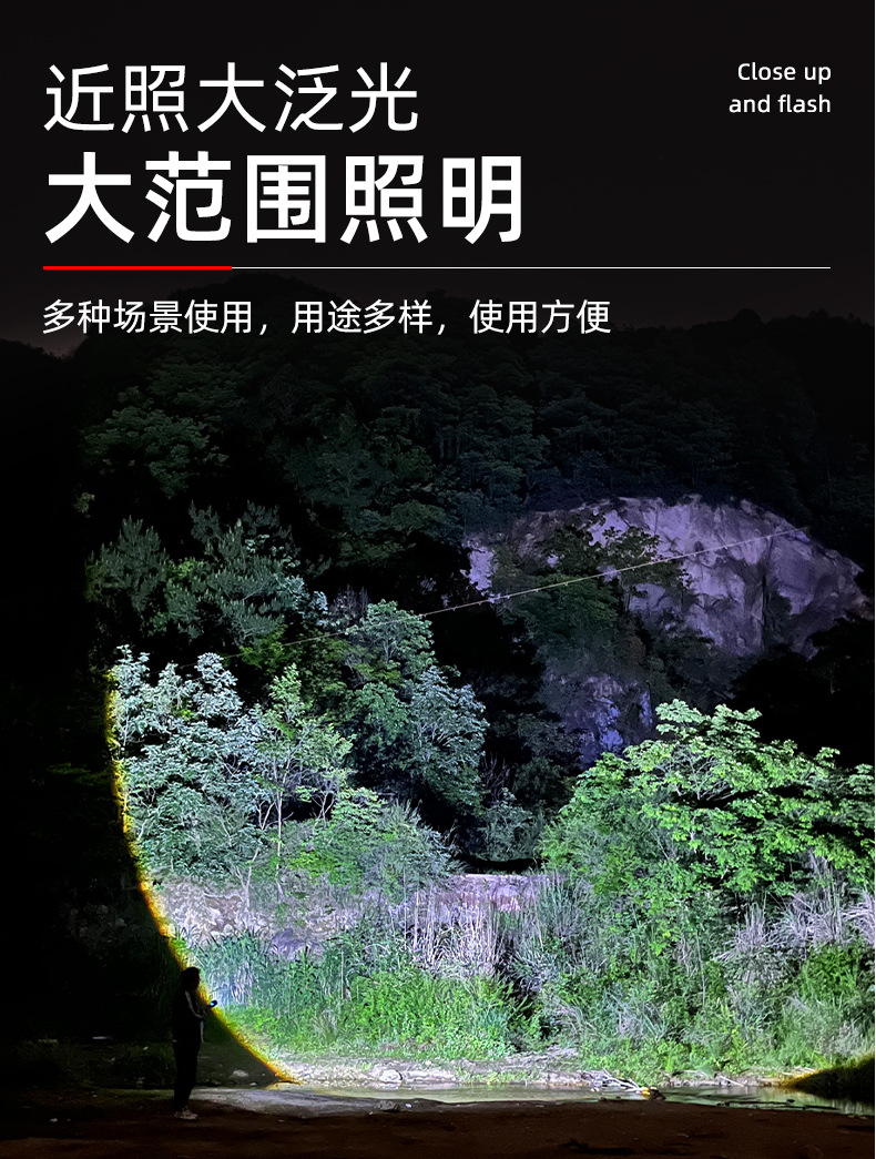 批发白激光灯珠大功率手电户外强光远射26650电池充电尾部带磁铁详情6