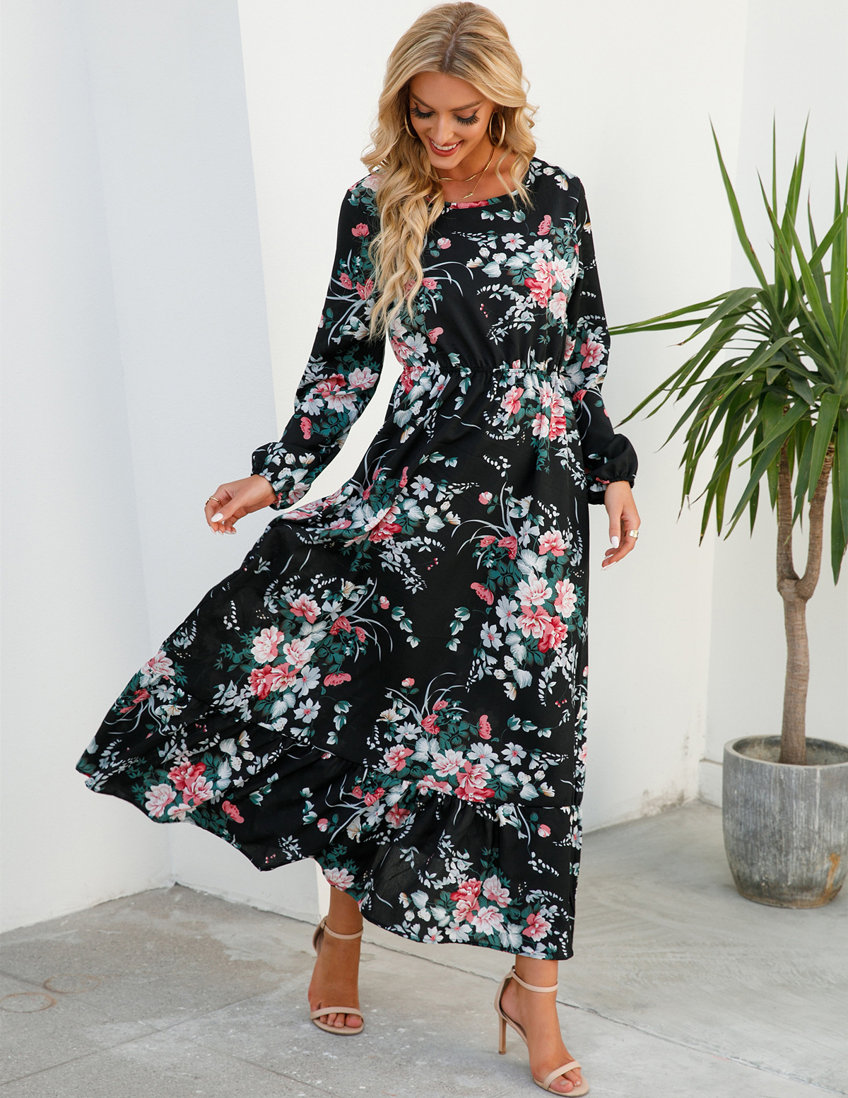 European and American floral long, round-neck, long-sleeved, waist-cinching and slimming dress pic 61