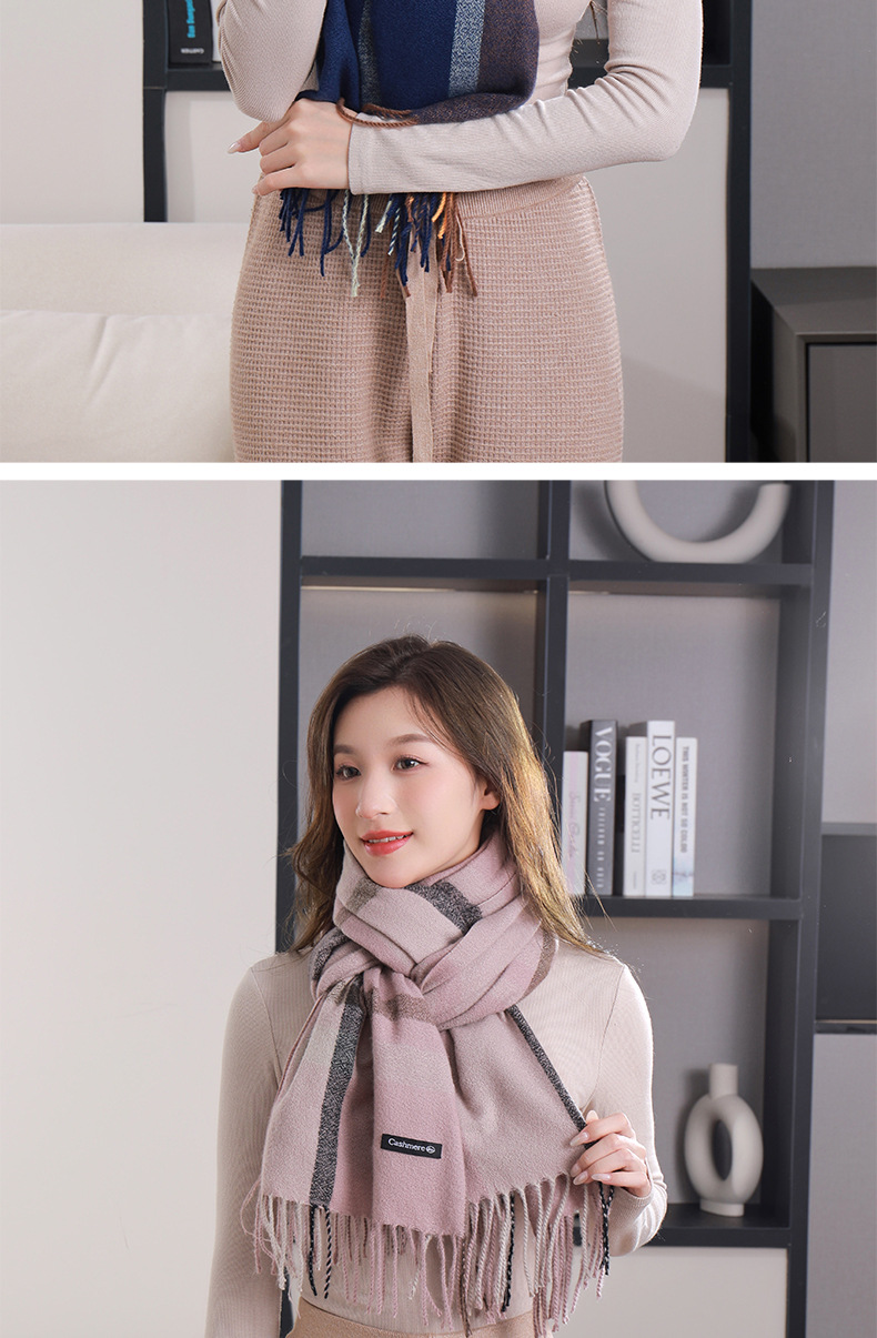 2023韩版长款格子围巾女冬季新款时尚保暖加厚仿羊绒流苏披肩外贸详情13