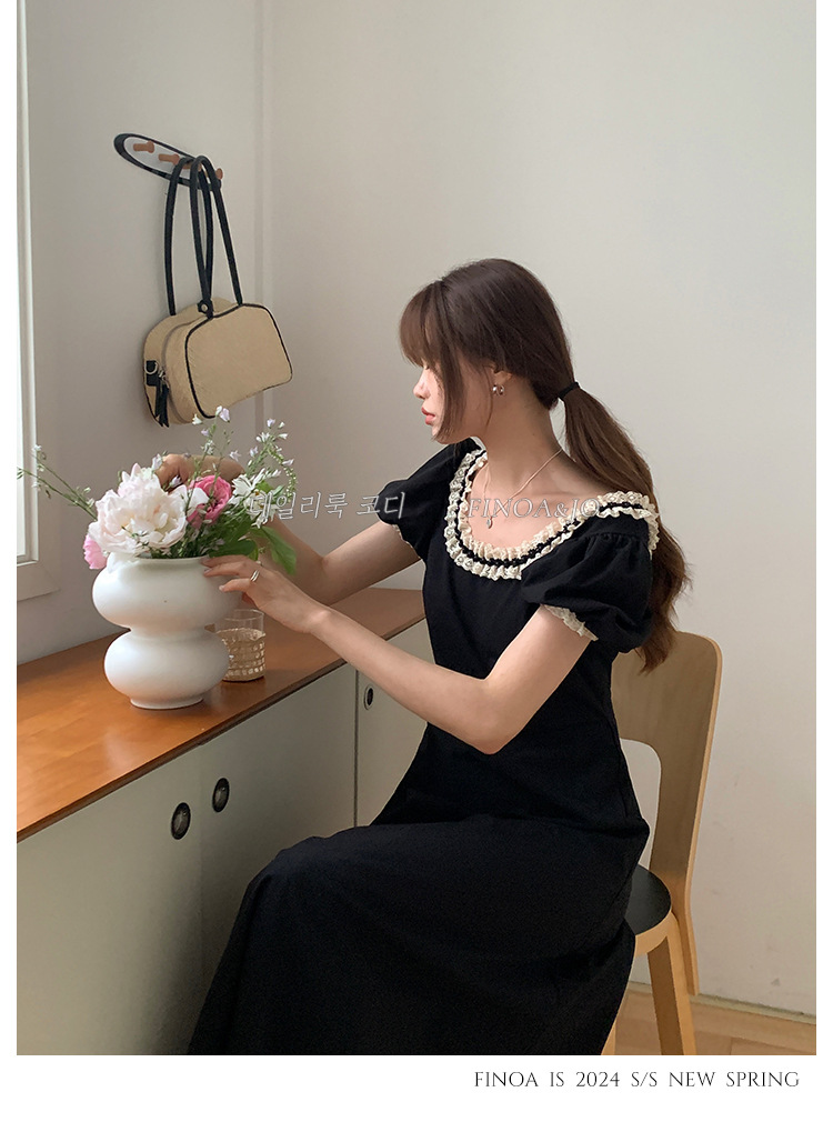 费挪 OLIVE十三行春夏新品法式优雅气质黑色蕾丝花边连衣裙2166详情12