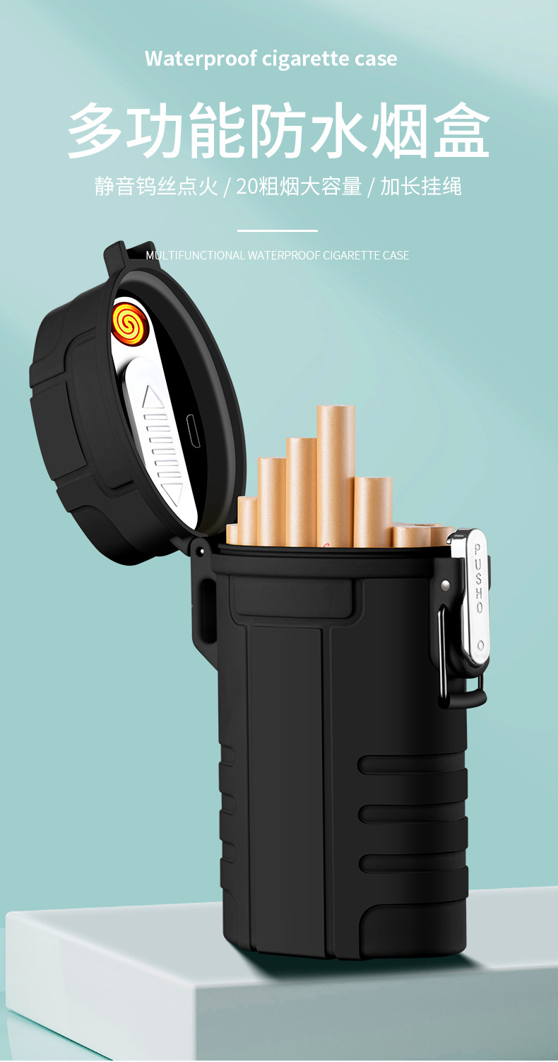 20-piece large-capacity waterproof cigarette box, USB portable rechargeable silent tungsten filament lighter, cigarette lighter pic 1