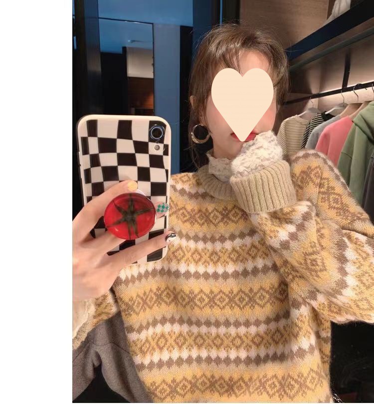 2023秋冬新款韩版宽松菱格毛衣女设计感小众针织衫复古休闲慵懒风详情9