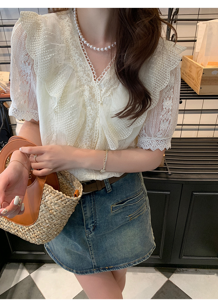 现货2024夏季新款韩版百搭短袖蕾丝衫女上衣夏详情11