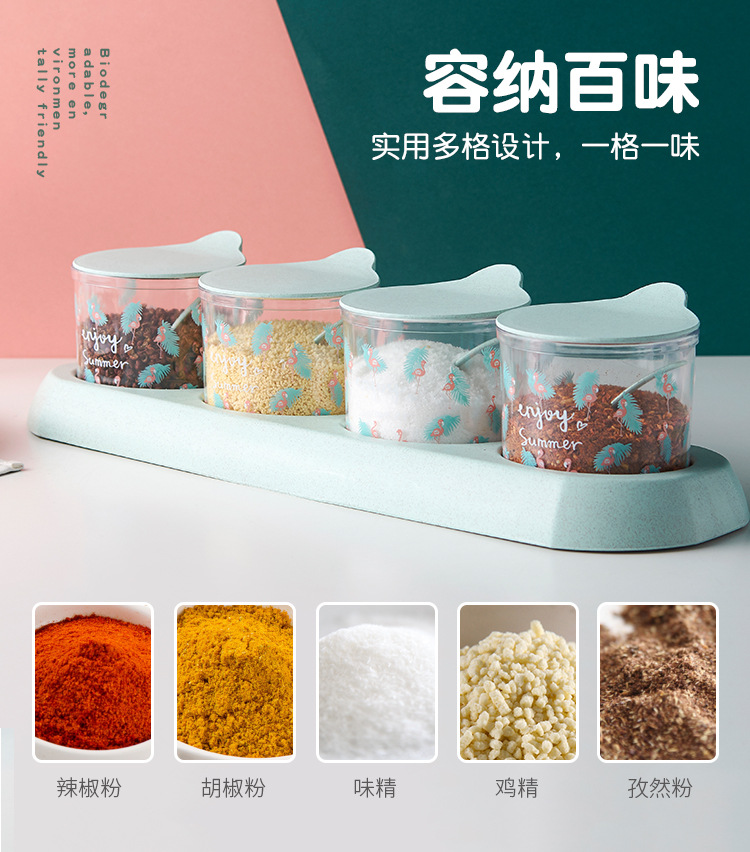 A round transparent seasoning box with a base and flamingo print, featuring three or four compartments, is a dust-proof kitchen seasoning storage jar pic 3