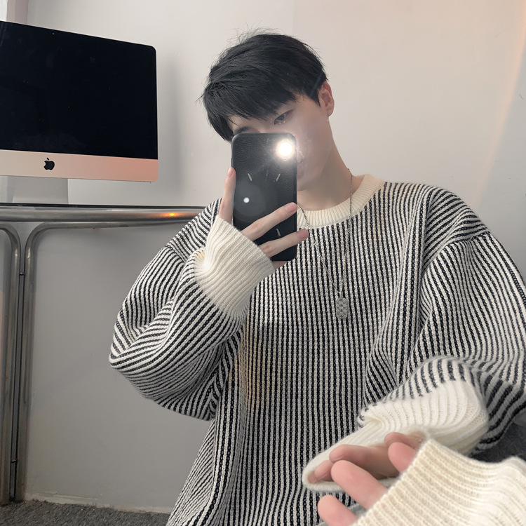 圆领条纹毛衣男款秋冬新款时尚套头针织衫日系复古宽松百搭上衣服详情21