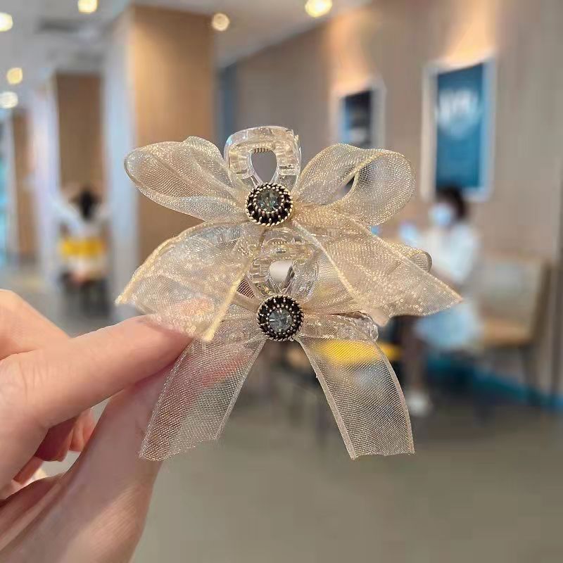 2023 New ab double-sided diamond mesh yarn bow, small grab clip, side bangs clip, broken hair clip, hair accessory and headwear pic 3