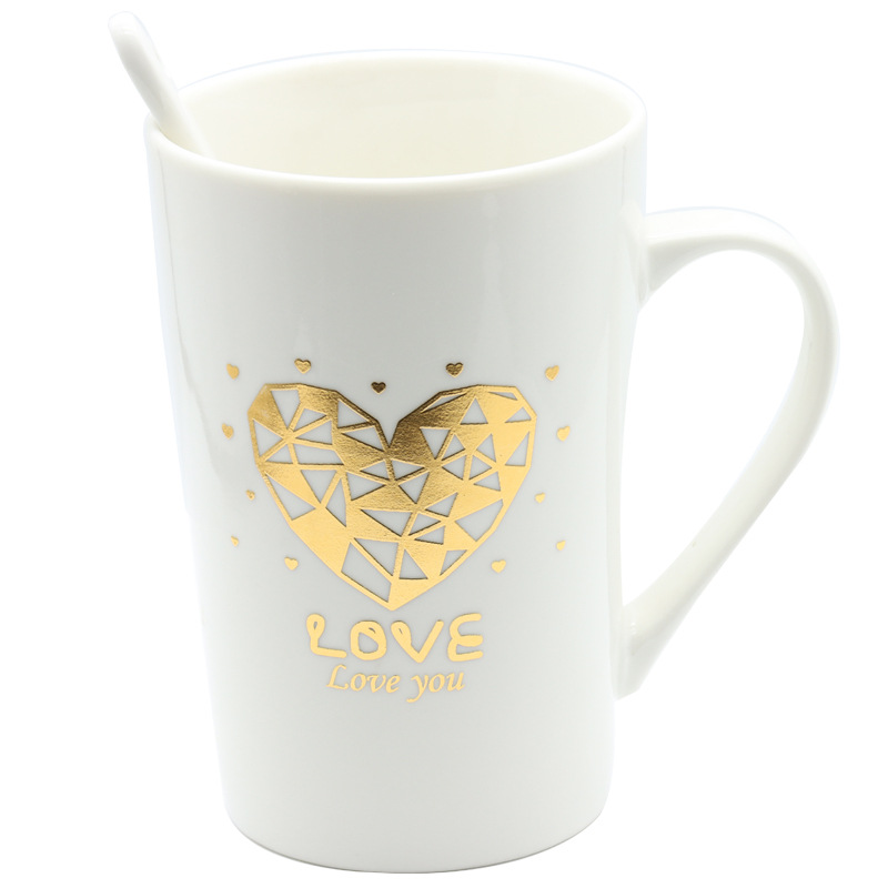 情人节陶瓷杯马克杯白底简约风格镀金心形设计带柄勺套装大容量水杯详情8