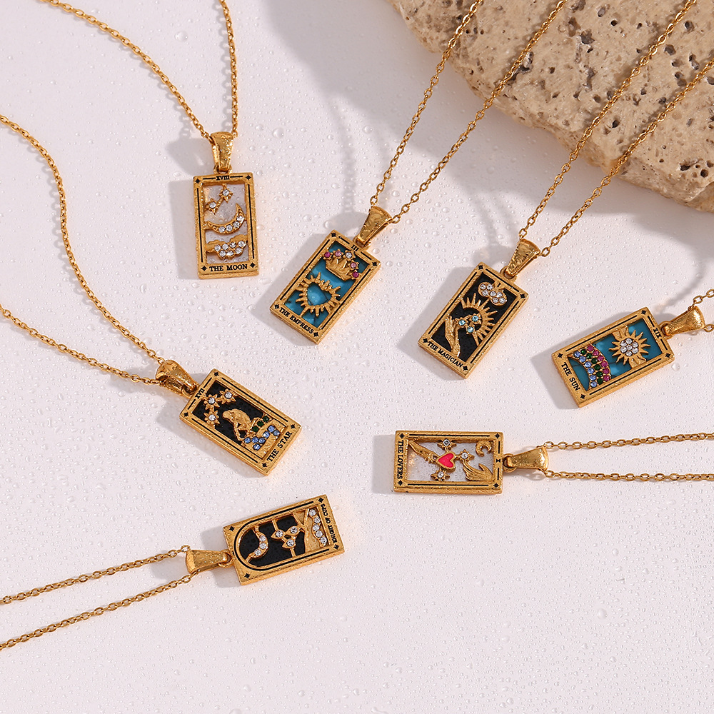 Stainless steel rectangular oil-dripping zircon tarot card necklace, a popular and retro pendant accessory on Instagram in Europe and America pic 12