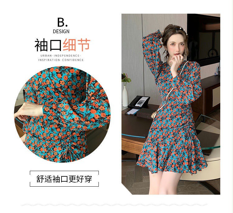 法式碎花V领长袖连衣裙女秋装纯欲风修身性感包臀裙打底辣妹短裙详情5