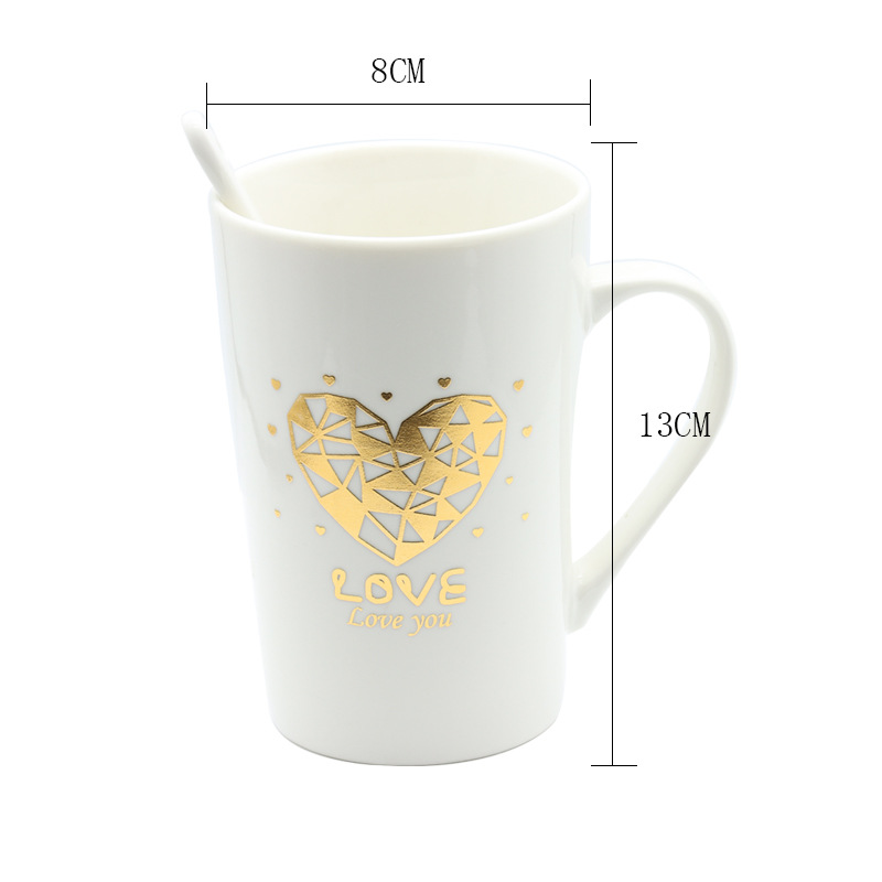 情人节陶瓷杯马克杯白底简约风格镀金心形设计带柄勺套装大容量水杯详情9