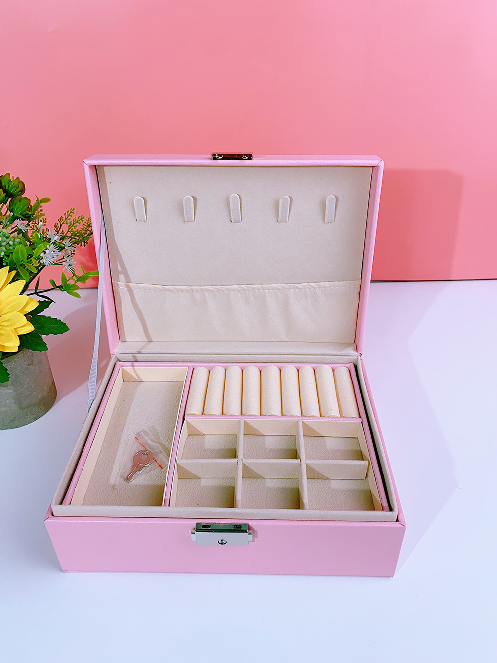 瑾奇2023首饰盒带锁双层大容量皮革珠宝饰品戒指项链耳环耳钉收纳盒子 粉色儿童收纳系列 JQ009详情6