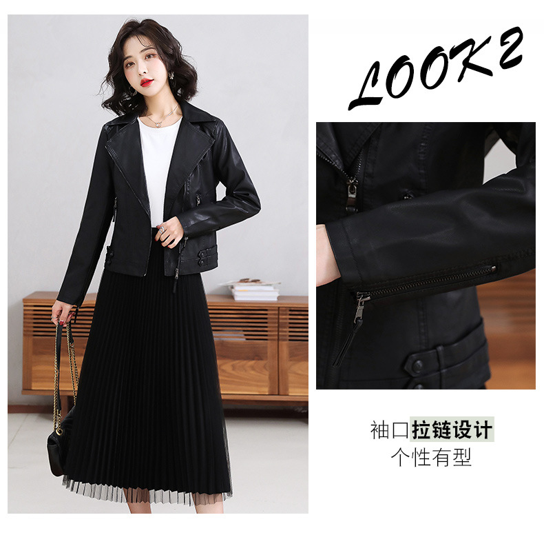皮衣外套女2022年春秋新款翻领修身短款PU皮夹克拉链休闲上衣详情6
