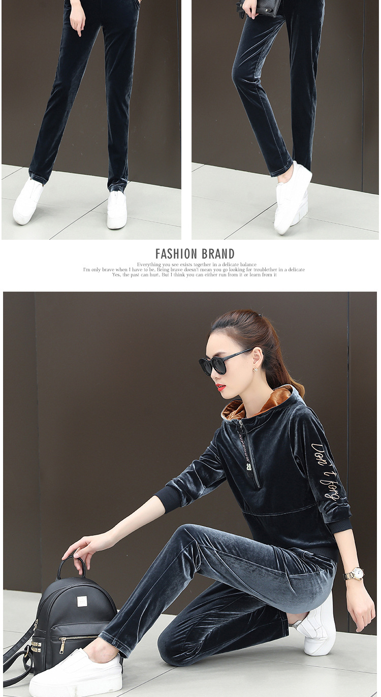 Velvet sportswear for women, 2020 spring and winter, hooded fashion, Korean-style plus-size sweatshirt, casual two-piece set, trendy pic 19