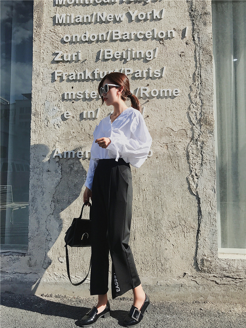 High-waisted, letter-printed black, slightly flared, fashionable, slit straight 9-inch casual pants pic 12