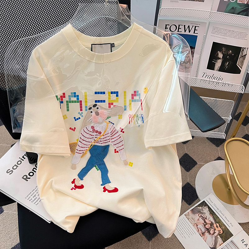 实拍32支双纱纯棉螺纹领短袖t恤女夏2023刺绣花圆领上衣大码女装详情15