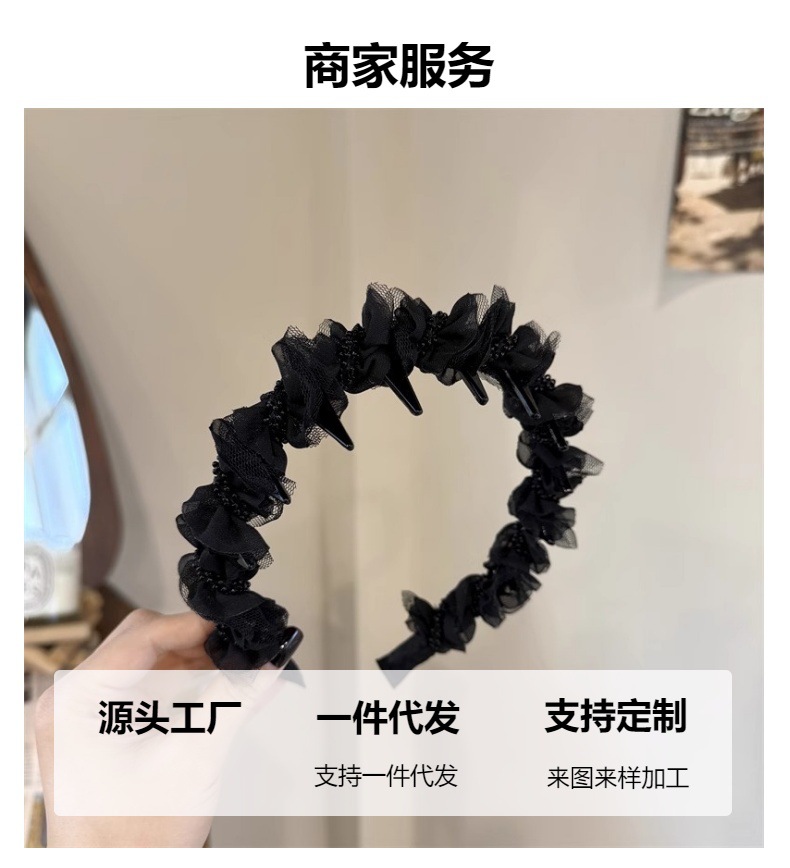 Sweet mesh pleated hairband, elegant inverted anti-slip headband, pearl embellished hair tie, stylish headwear wholesale pic 15