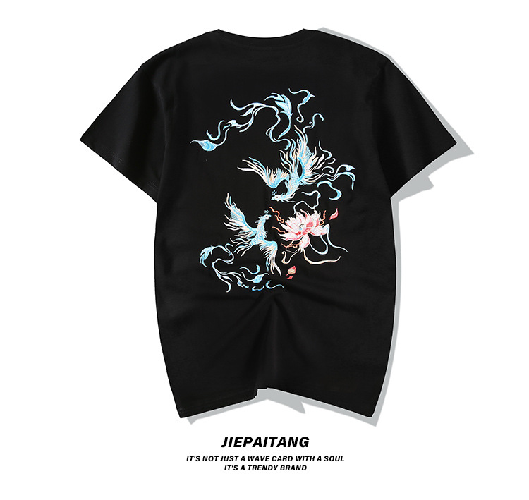 国潮中国风短袖t恤男 夏季宽松大码青年凤凰图案刺绣潮牌纯棉半袖 pic 19
