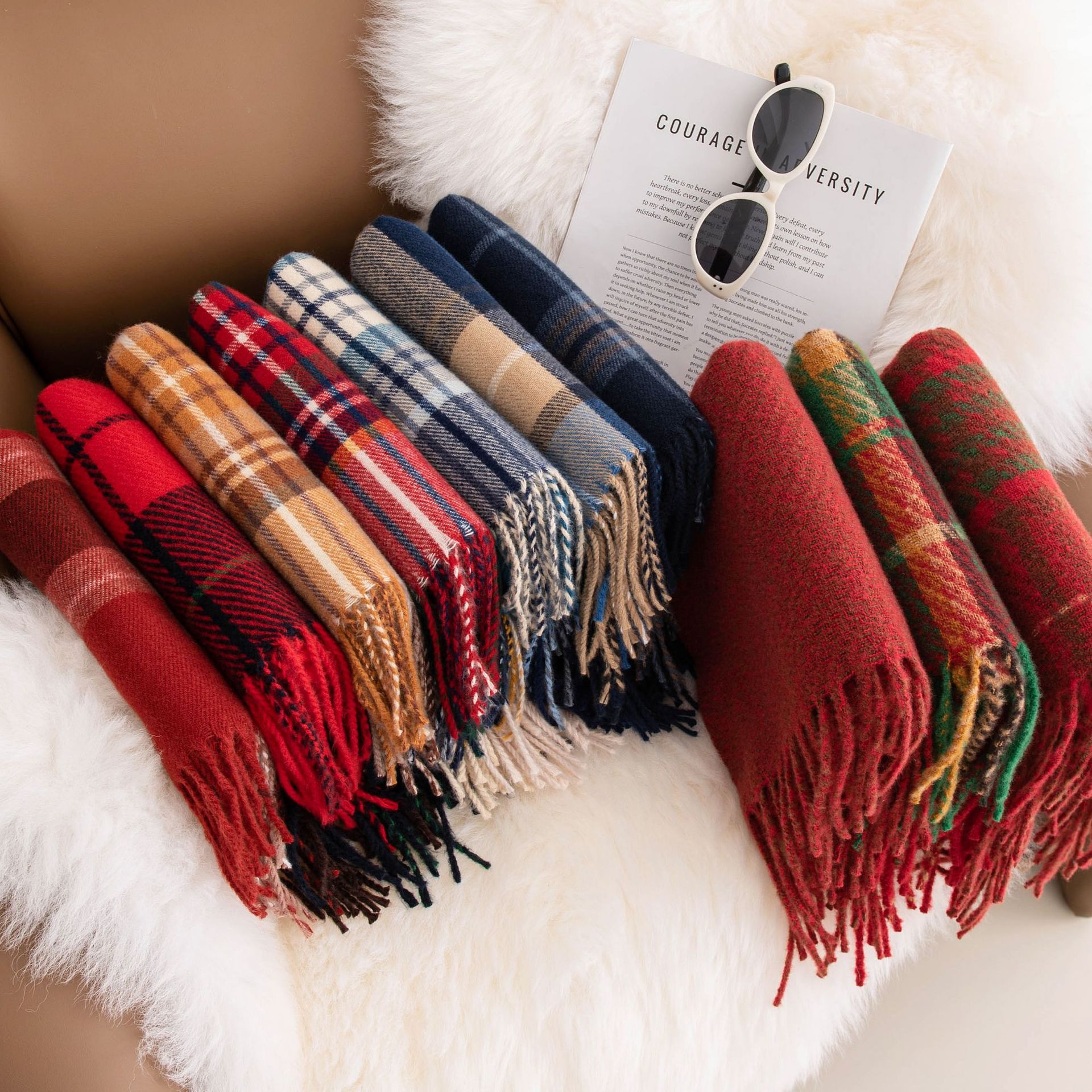 New autumn and winter Ankela red scarf for women, a high-end and versatile faux cashmere scarf in solid color, a warm scarf shawl pic 5