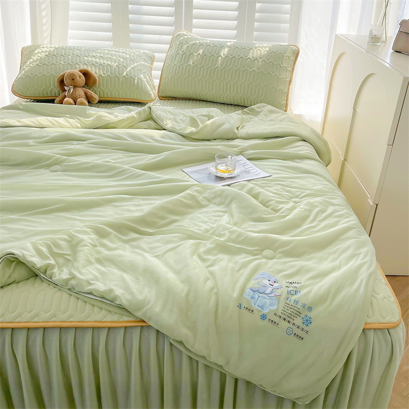 Thai solid-color cool silk latex bed skirt style cool mat four-piece set, air-conditioned quilt, soft cool mat, cool mat, summer cool quilt pic 3