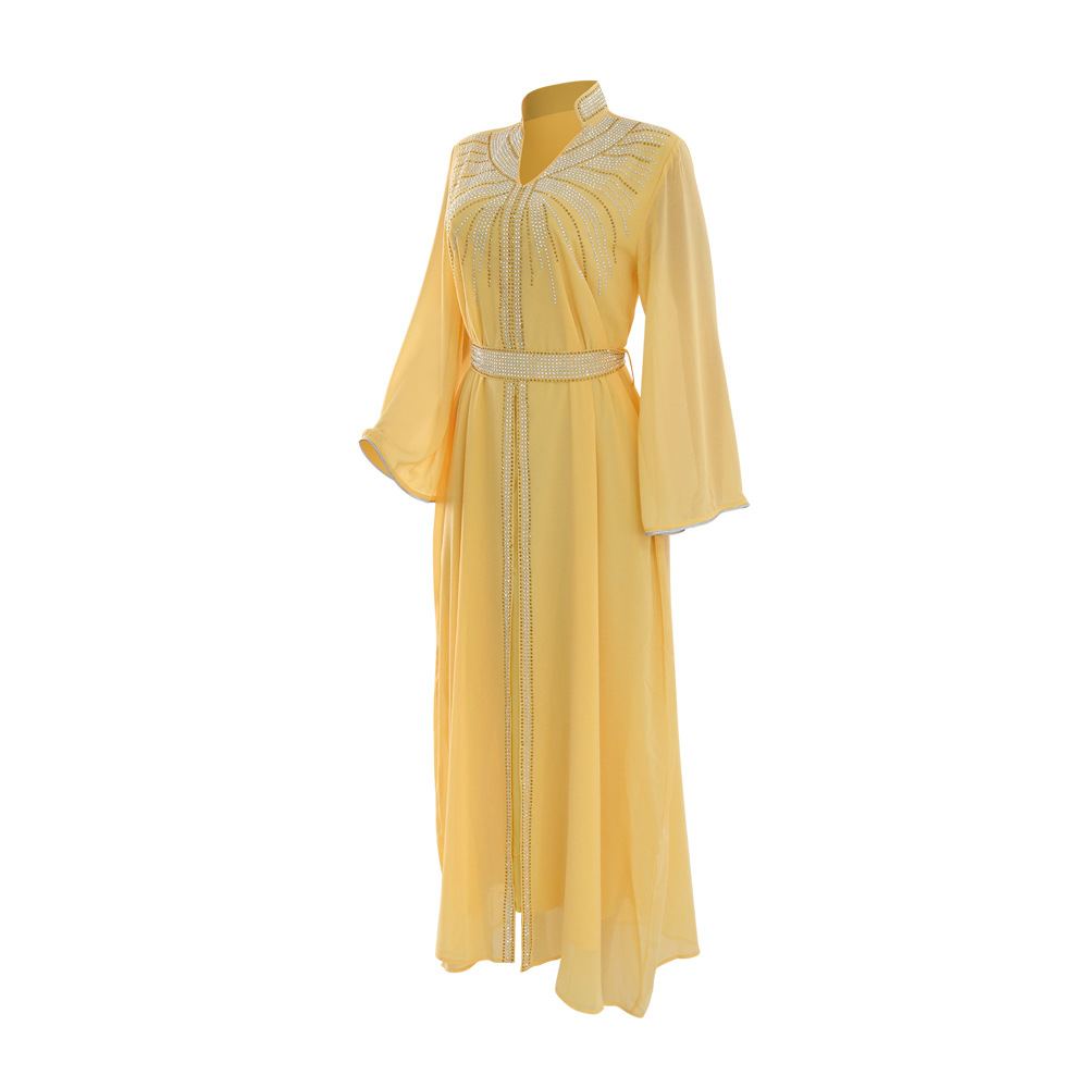 XQY500090 Foreign trade Arab robe, Middle East kaftan fashion Hot diamond belted chiffon dress pic 44