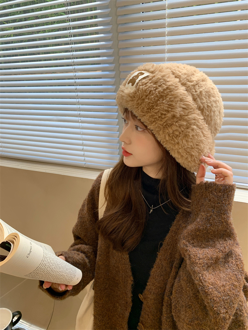 Sheepskin fleece headwear and ear-protecting hat, big head collar to show off face, little Northeast Mongolian cold-proof knitted hat, cute little bear pic 1