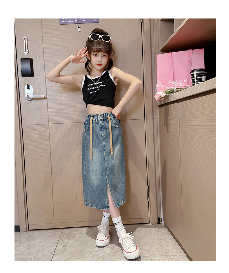 女童牛仔半身裙2023春秋新款中大童长裙儿童洋气开叉裙子童装潮详情14