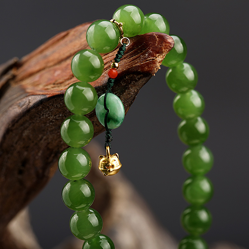 18K pure gold handcrafted 999 pure gold bell, natural spinach, green jasper and Hetian jade bracelet, gold coin DIY small drop flow pic 11