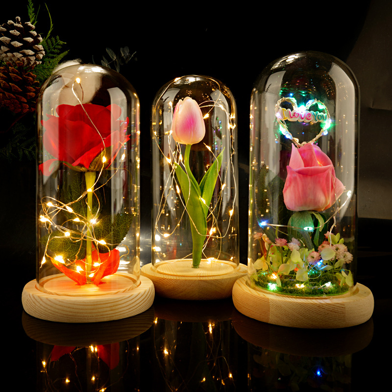 美女与野兽绒布玫瑰花灯玻璃罩灯 永生花小王子玫瑰花情人节礼物详情21