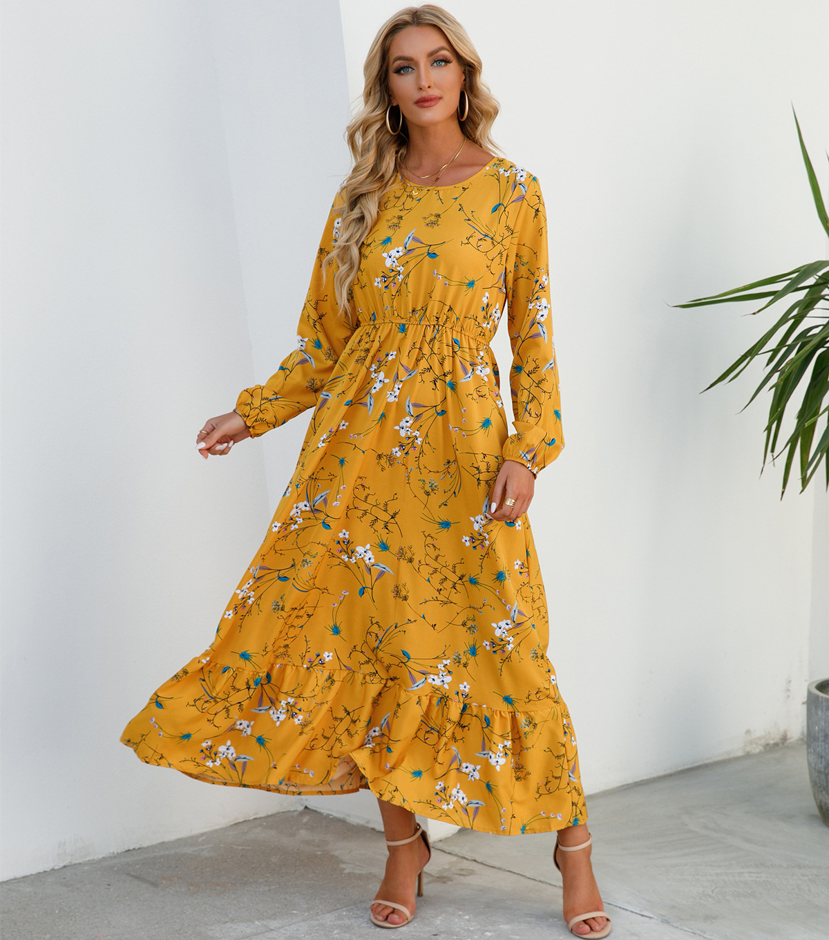 European and American floral long, round-neck, long-sleeved, waist-cinching and slimming dress pic 28