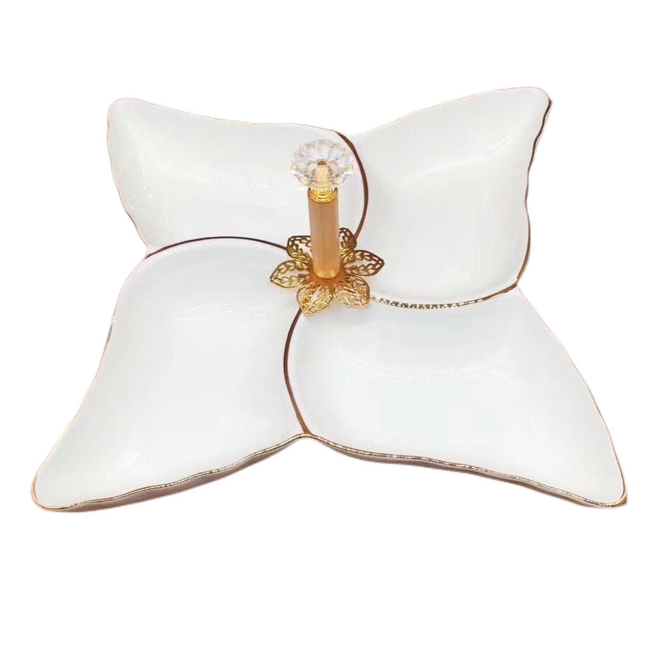 A pure white petal-shaped fruit platter with electroplated gold and multiple compartments, a hand-held restaurant banquet food platter pic 20