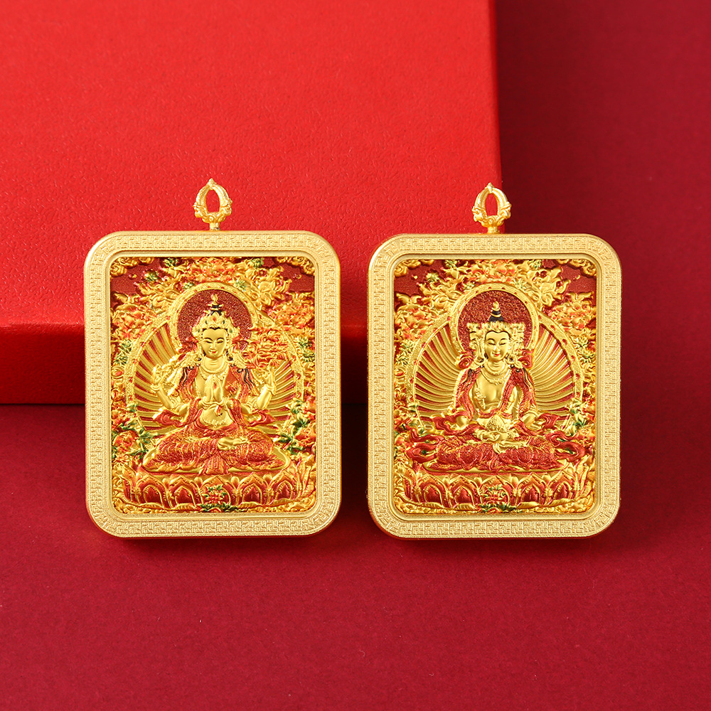 单面藏式浮雕合金唐卡文殊普贤本命佛随身佛牌黄财神吊坠详情7