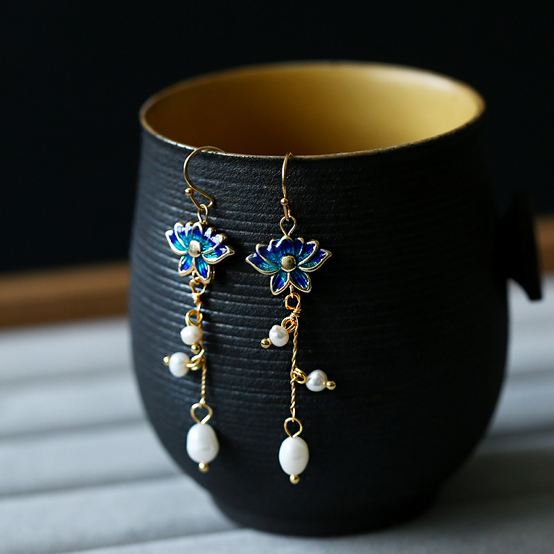 Original Chinese-style cloisonne set, lotus cloisonne natural freshwater pearl earrings, copper-plated 14K gold earrings for women pic 8