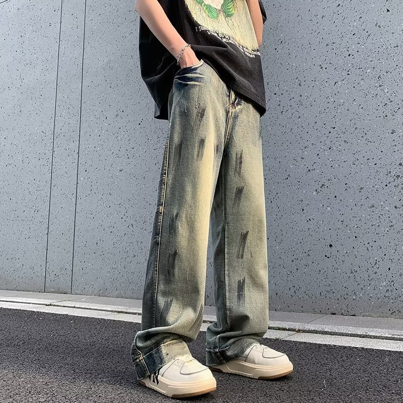 2024复古休闲做旧牛仔裤学生时尚百搭款垂感宽松阔腿拖地牛仔裤男详情8