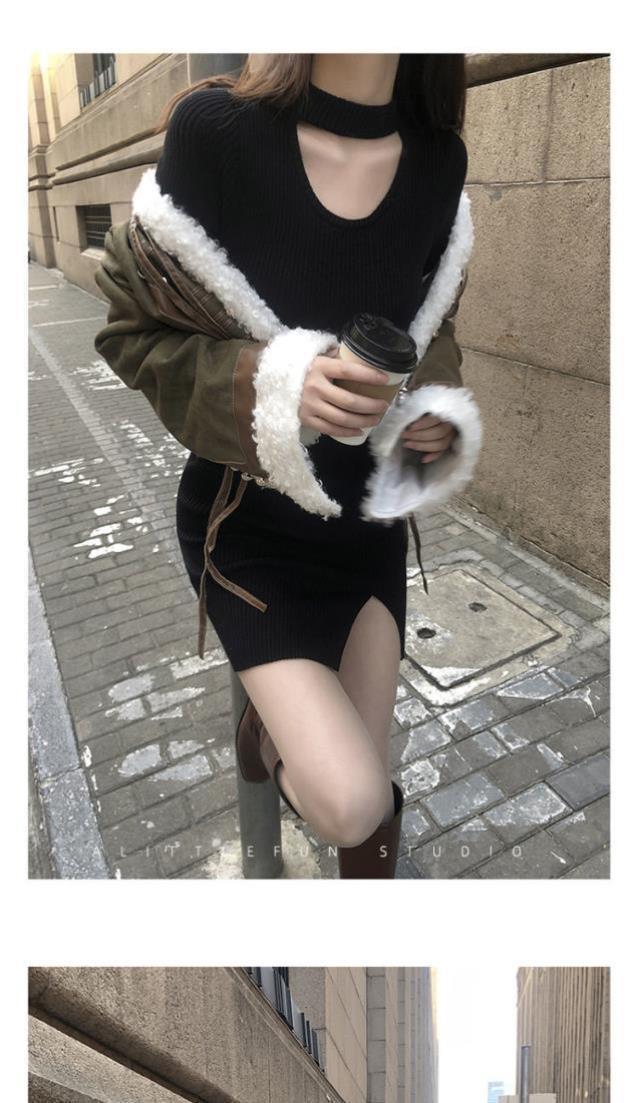 法式纯欲风性感开叉黑色针织连衣裙女秋冬设计感小众辣妹穿搭裙子详情4