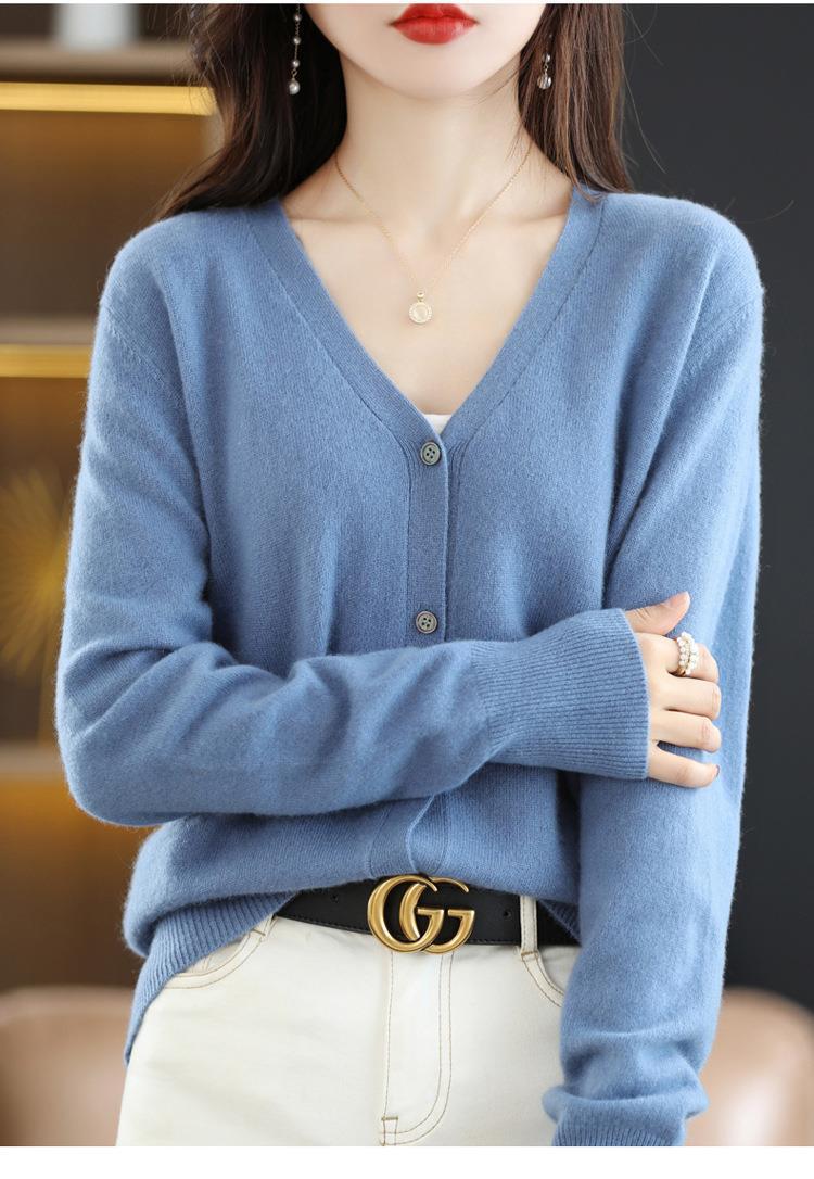 New Spring and autumn knitted cardigan for women, V-neck loose short solid color long-sleeved versatile sweater coat made of wool blend pic 57