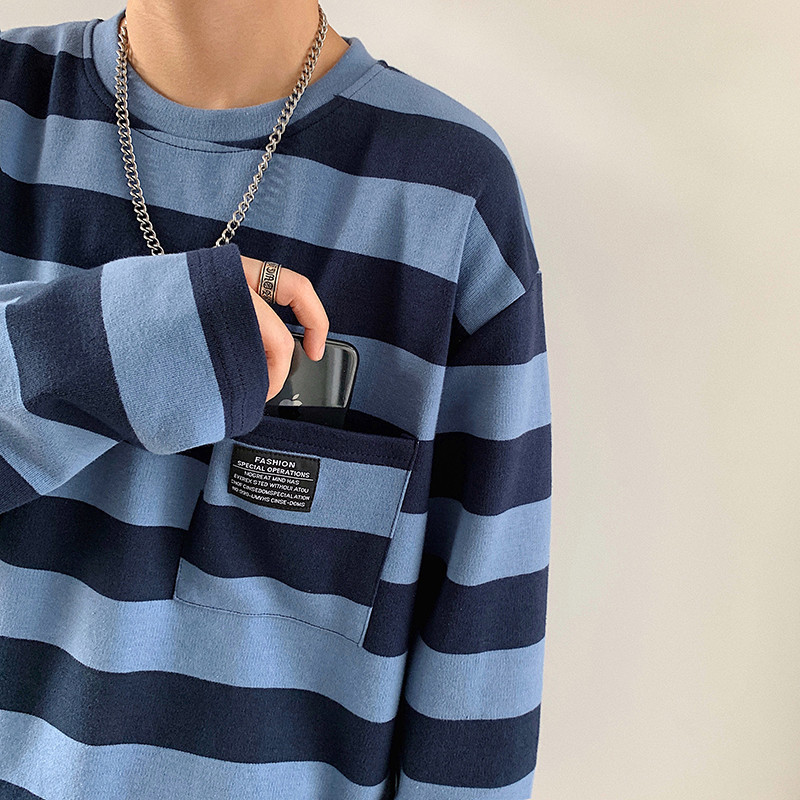 Cross-border striped T-shirt for women 21 New striped long-sleeved T-shirt for women on Instagram Harajuku loose Korean-style top in stock pic 2