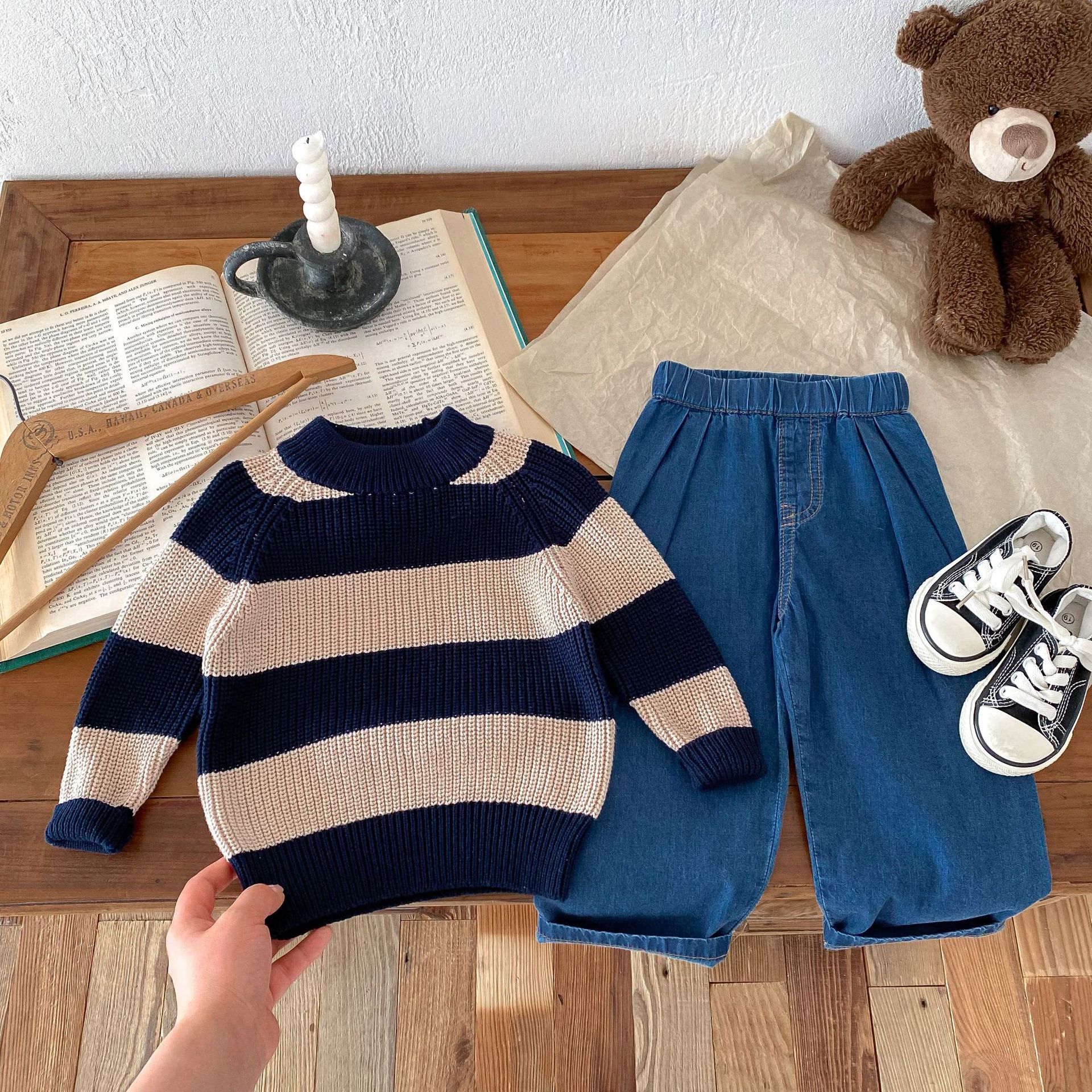 中小童2024秋季新款男女童韩版拼色针织套头上衣半高领内外穿毛衣详情23