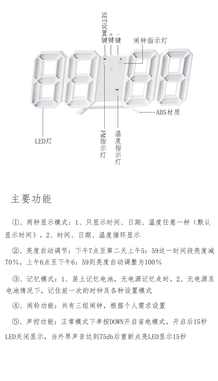 跨境办公创意3D闹钟 亚马逊爆款多功能 LED数字挂钟 声控立体详情2