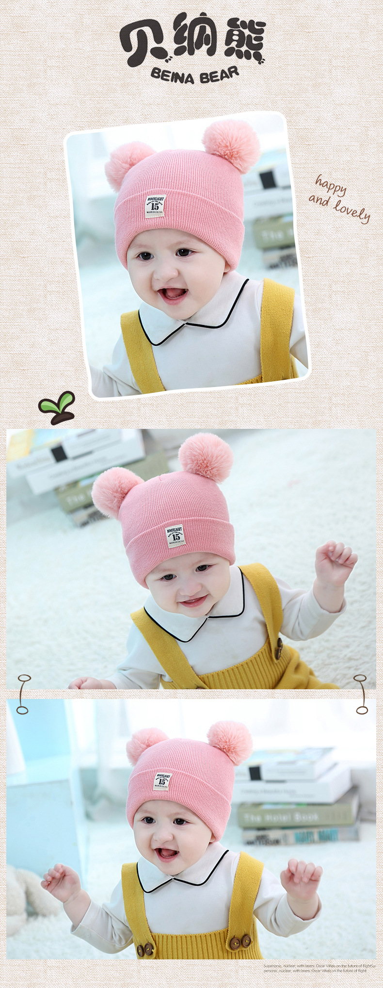 Beena bear otoño invierno nuevo sombrero de punto lindo doble bola 15 etiqueta al aire libre sombrero de bebé caliente 3-6-9-12 meses pic 3